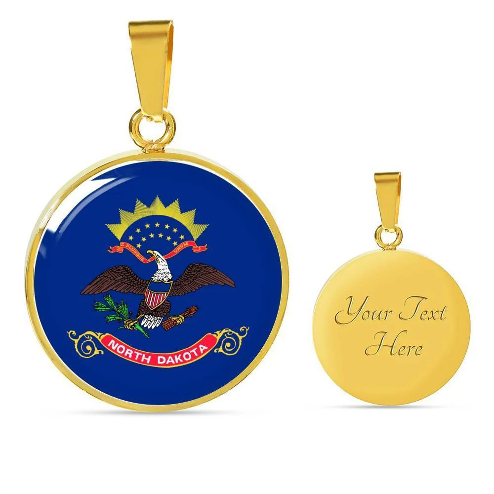North Dakota State Flag Personalized Engraved Gold Circle Necklace Custom Name